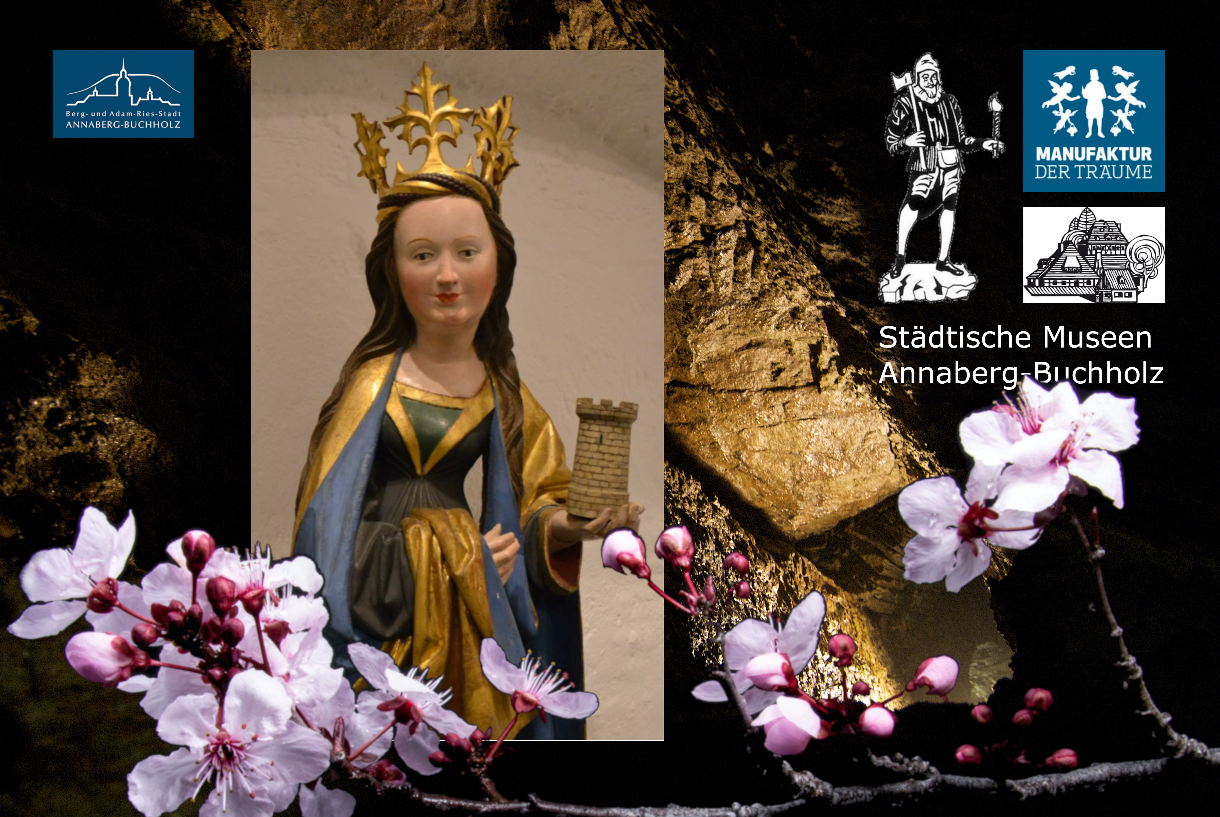 Das Bild der Heiligen Barbara, die eine Krone trägt und einen steinernen Turm in der linken Hand hält, steht vor einer Schacht-Wand. Davor liegen rosafarbene Obstbaumblüten.