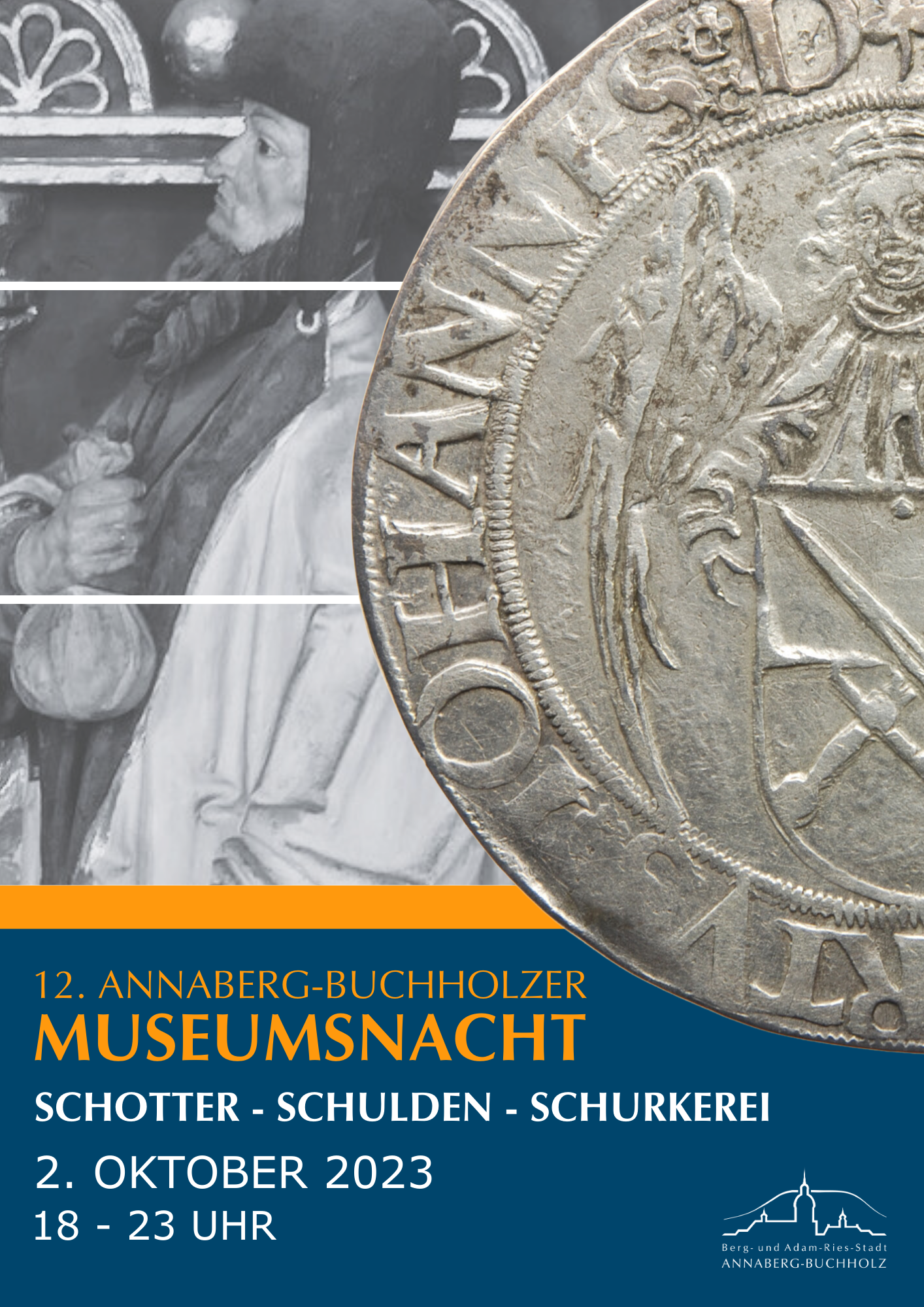 Motive des Plakates sind ein historisches Bild eines einen Geldbeutel haltenden mittelalterlichen Händlers und darüber eine Nahaufnahme einer alten Silbermünze. Im unteren Bereich befinden sich Titel, Datum und Uhrzeit der Museumsnacht sowie das Logo der Stadt Annaberg-Buchholz.