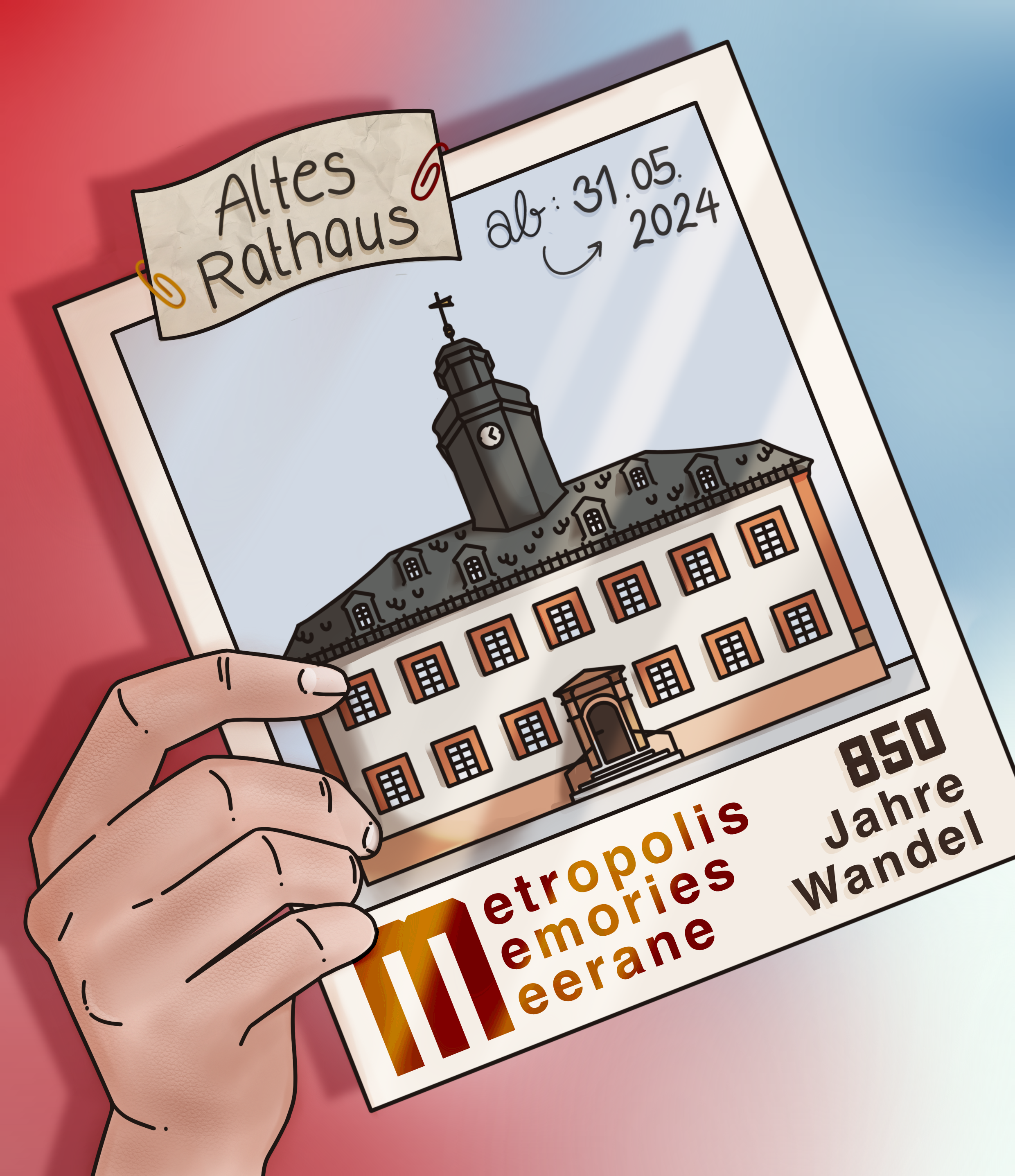 Eine Hand hält ein Polaroidfoto des Alten Rathauses von Meerane nach oben.