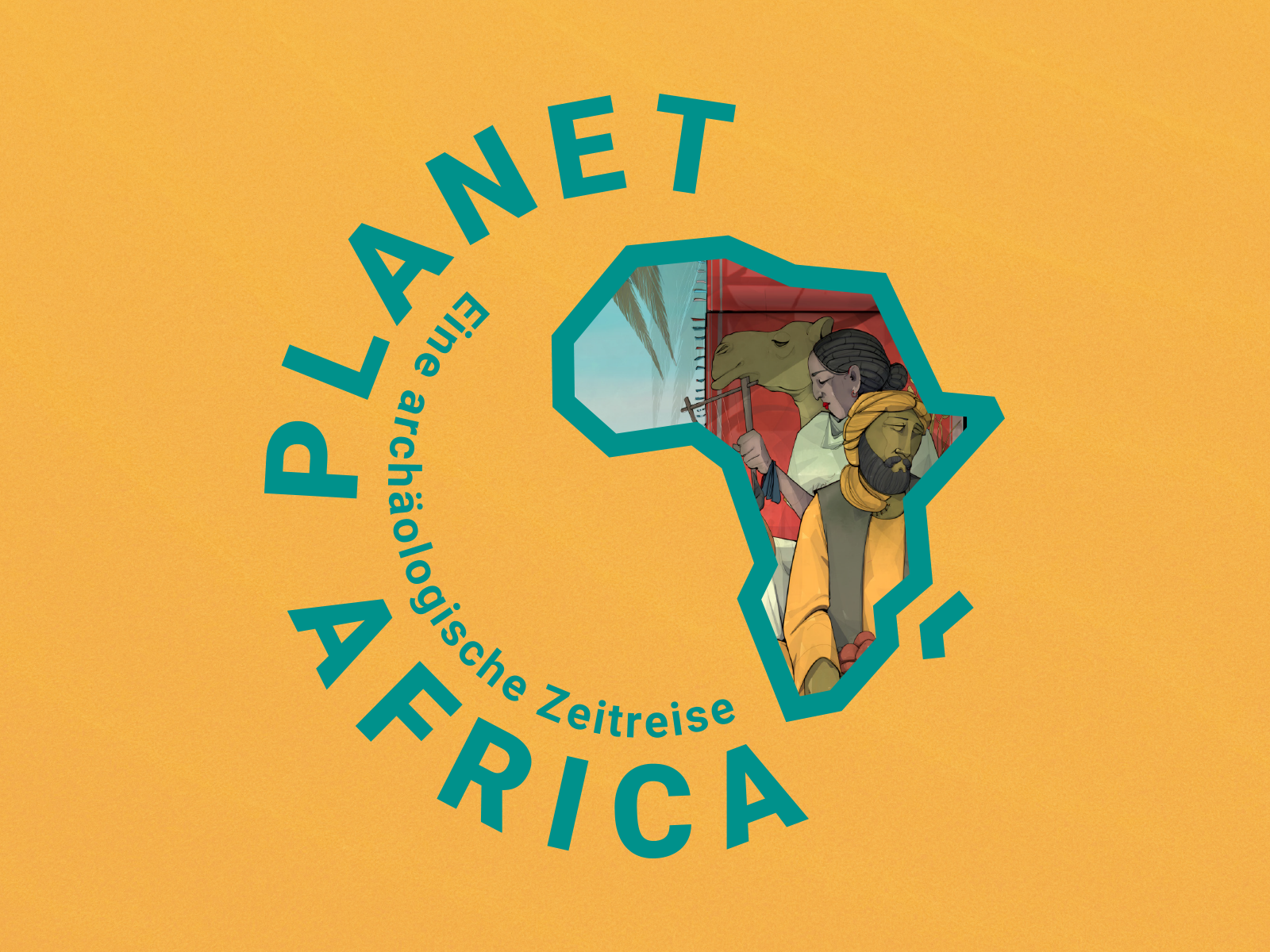Key-Visual der Sonderausstellung Planet Africa. Vor einem gelben Hintergrund ist die Silhouette von Afrika. Darin befindet sich eine bunte Grafik mit Personen.