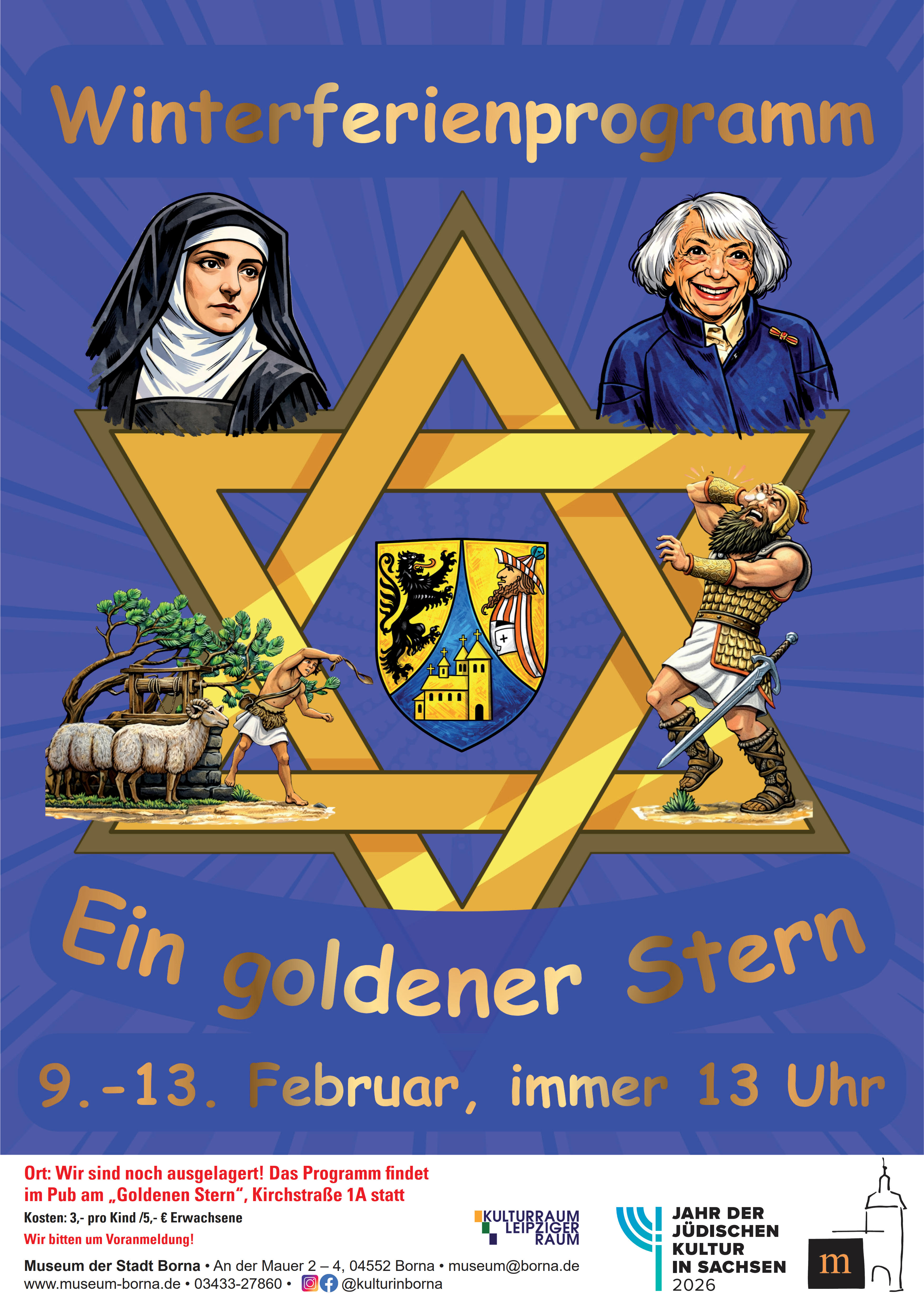 Winterferienprogramm im Jahr der jüdischen Kultur in Sachsen 2026 Zeichnung eines goldenen Davidsterns, in dessen Mitte das Wappen der Stadt Borna eingefügt ist