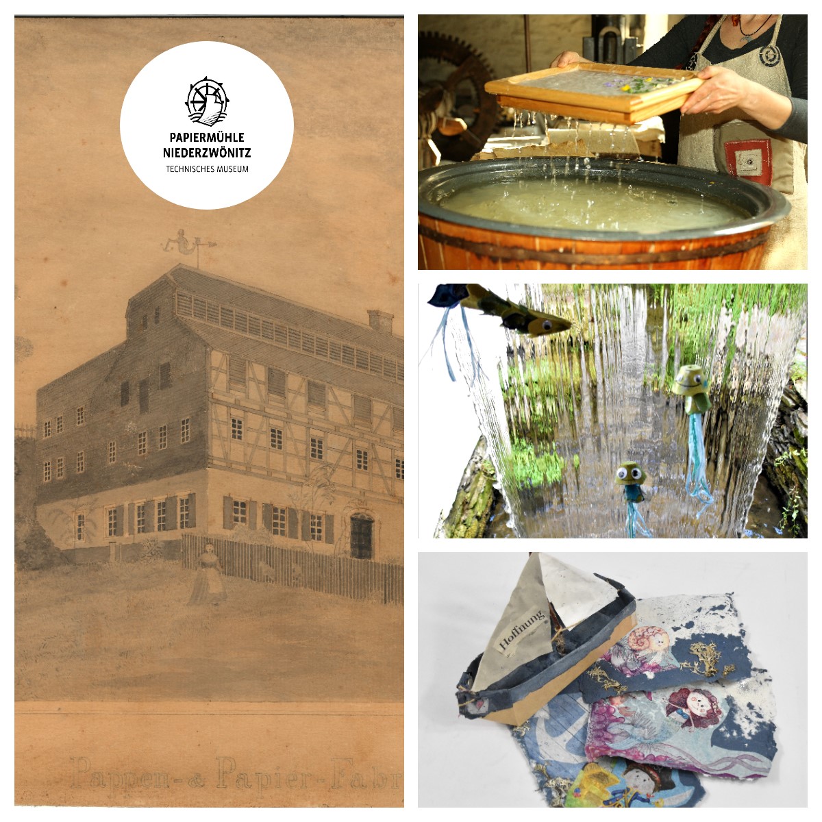 Das Foto zeigt eine Collage zum Tag des Handwerks 2022 in der Papiermühle Niederzwönitz.