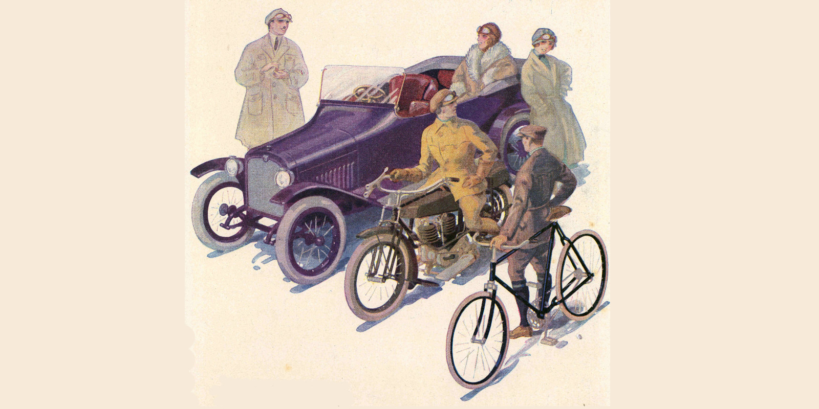 Historische Zeichung von Auto, Motorrad und Fahrrad mit ihren Fahrern
