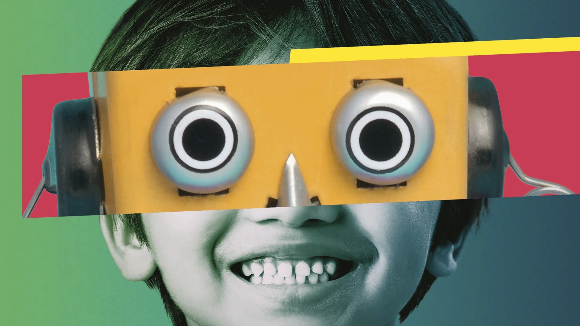 Collage eines Kindes mit Roboter-Augen