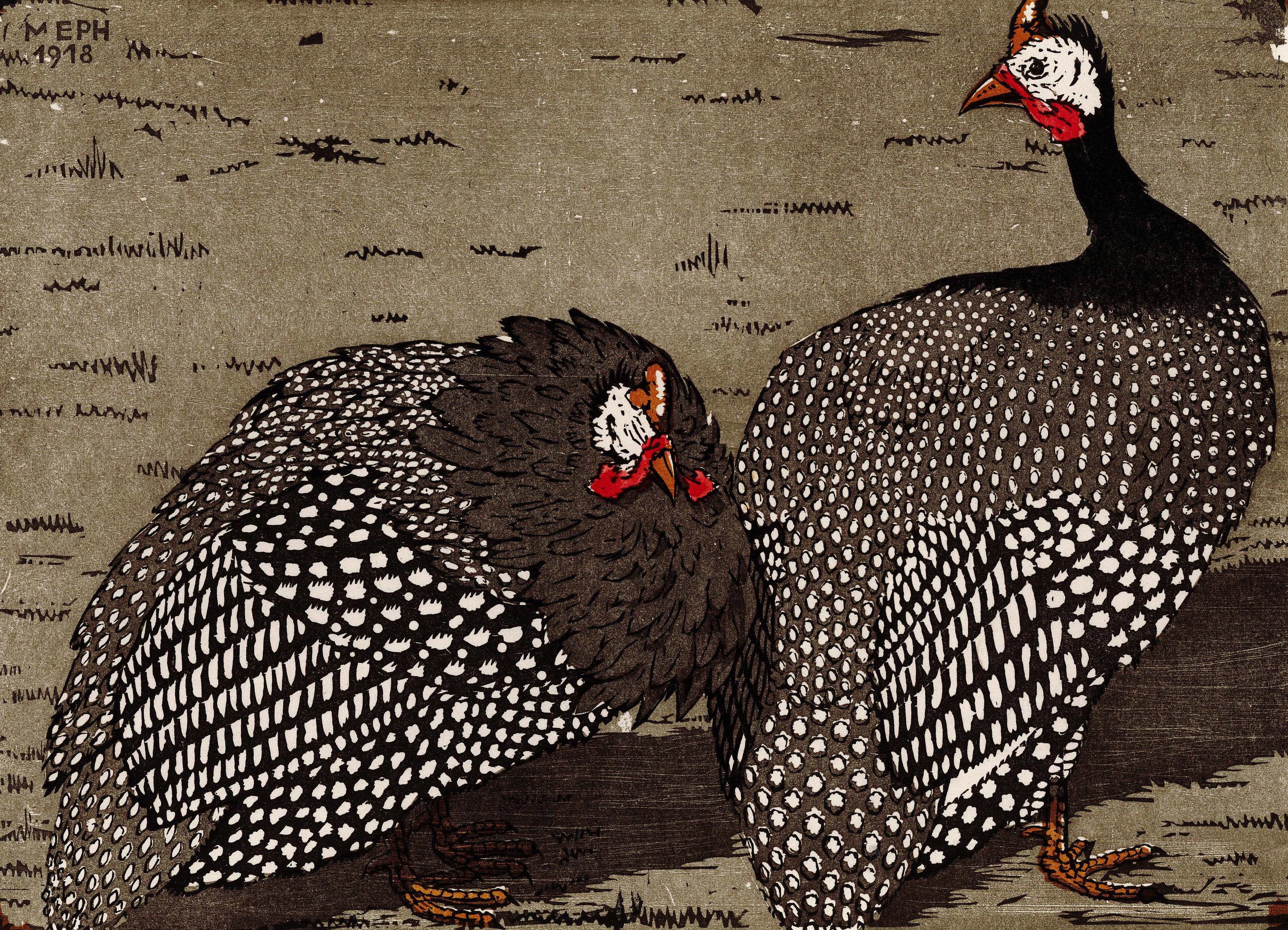 Grafik zweier nebeneinander auf dem Boden stehender, hühnerartiger Vögel mit schwarz-weißem Gefieder. Links oben stehen die Signatur "MEPH" und das Jahr 1918.