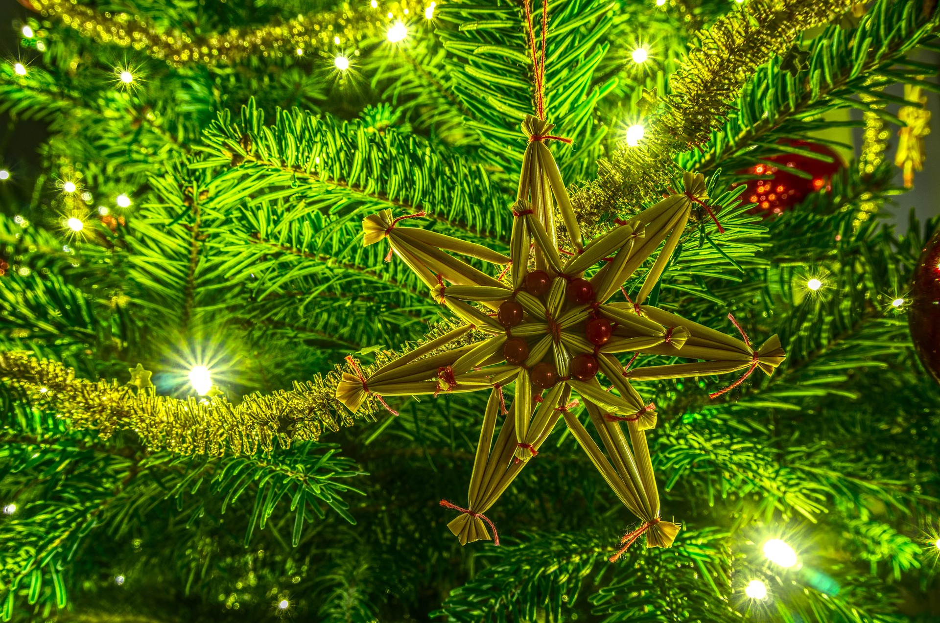 Detailaufnahme eines geschmückten Weihnachtsbaumes aus nächster Nähe, im Mittelpunkt des Fotos ein sternförmiges Stroh-Ornament