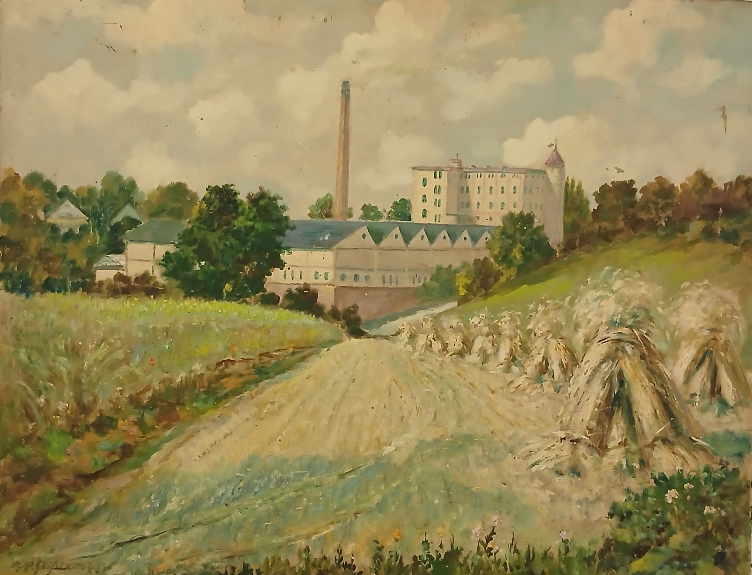 Gemälde, das den Blick schweifen lässt von einer ländlichen Wiese am Stadtrand zu einer Fabrik mit Schlot und, dahinter, einem großen Schloss mit Türmchen