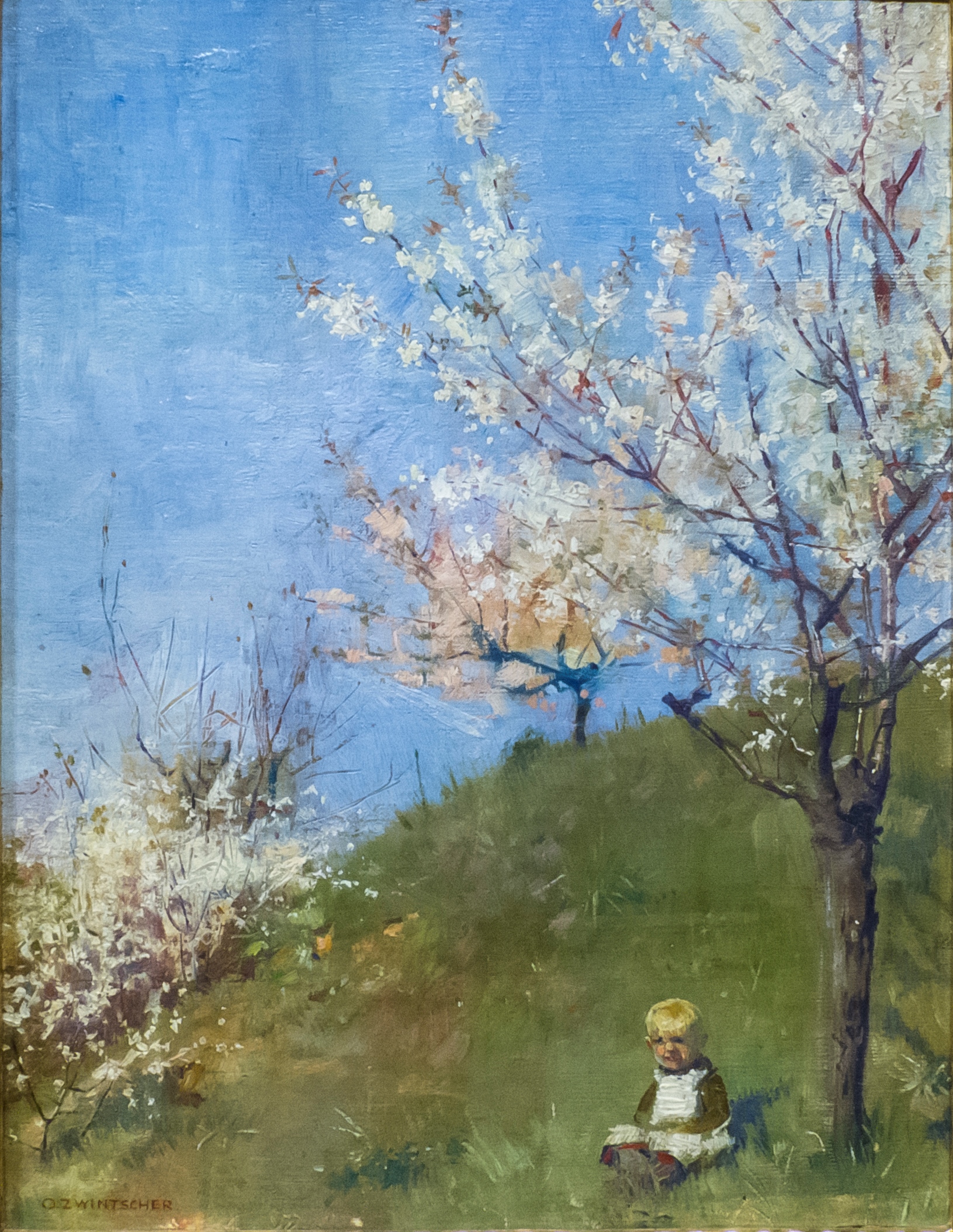 Gemälde, das ein im Gras unter blühenden Obstbäumen sitzendes kleines Kind zeigt