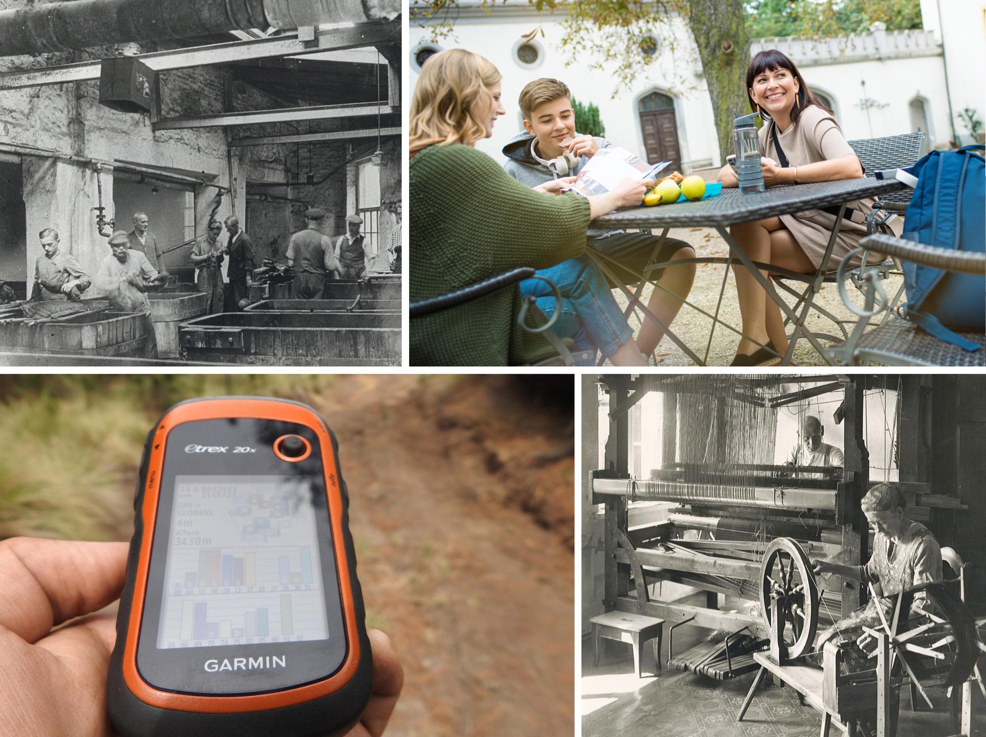 Zusammenstellung von vier Fotos: zwei historische Schwarzweißaufnahmen aus Industriebetrieben vergangener Zeiten und zwei aktuelle Farbfotos, von denen eines eine an einem Tisch im Freien sitzende Gruppe und das andere ein GPS-Gerät zeigt