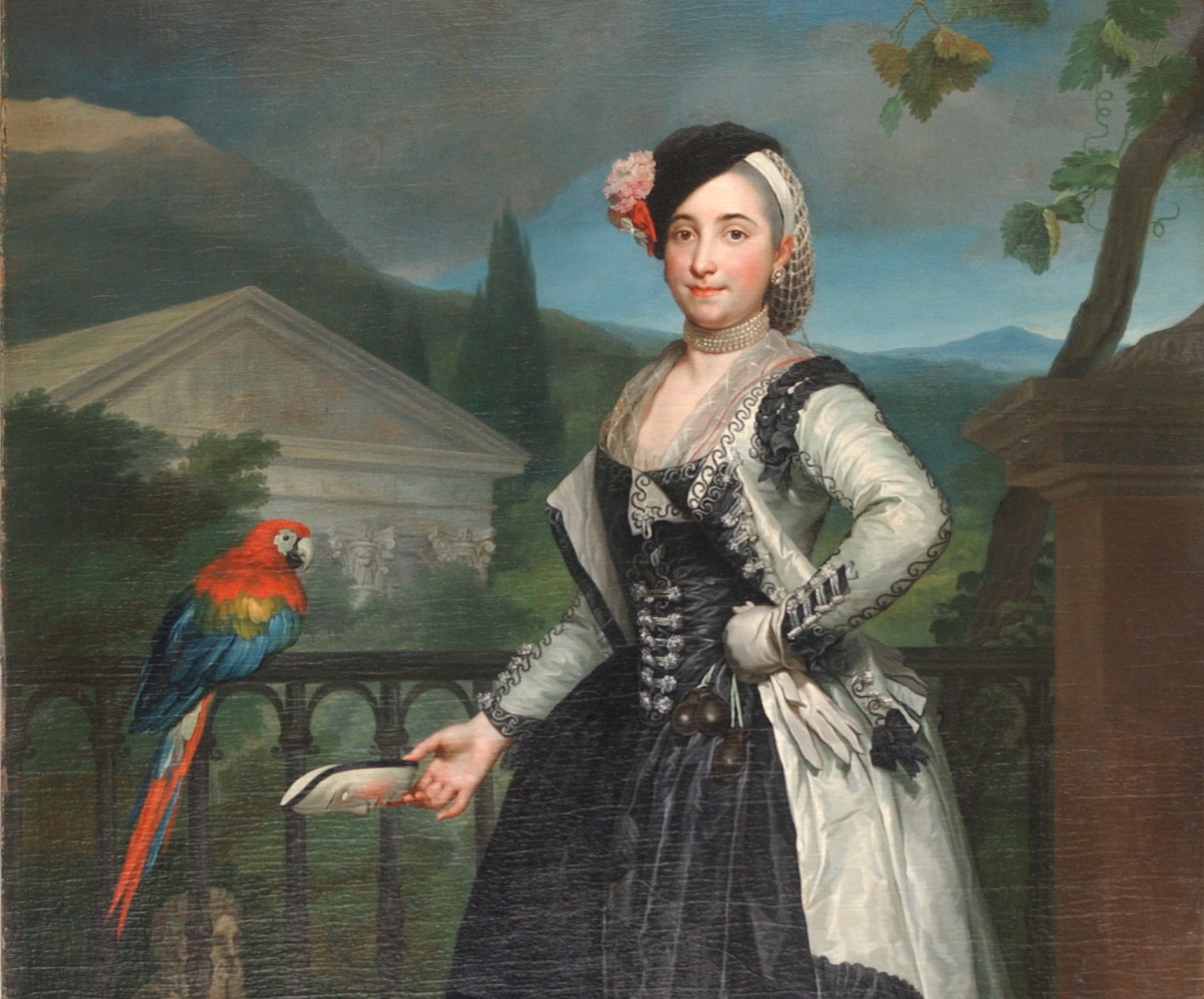 Historisches Gemälde einer Hofdame, die eine Maske für einen Maskenball in einer Hand hält; neben ihr ein Papagei