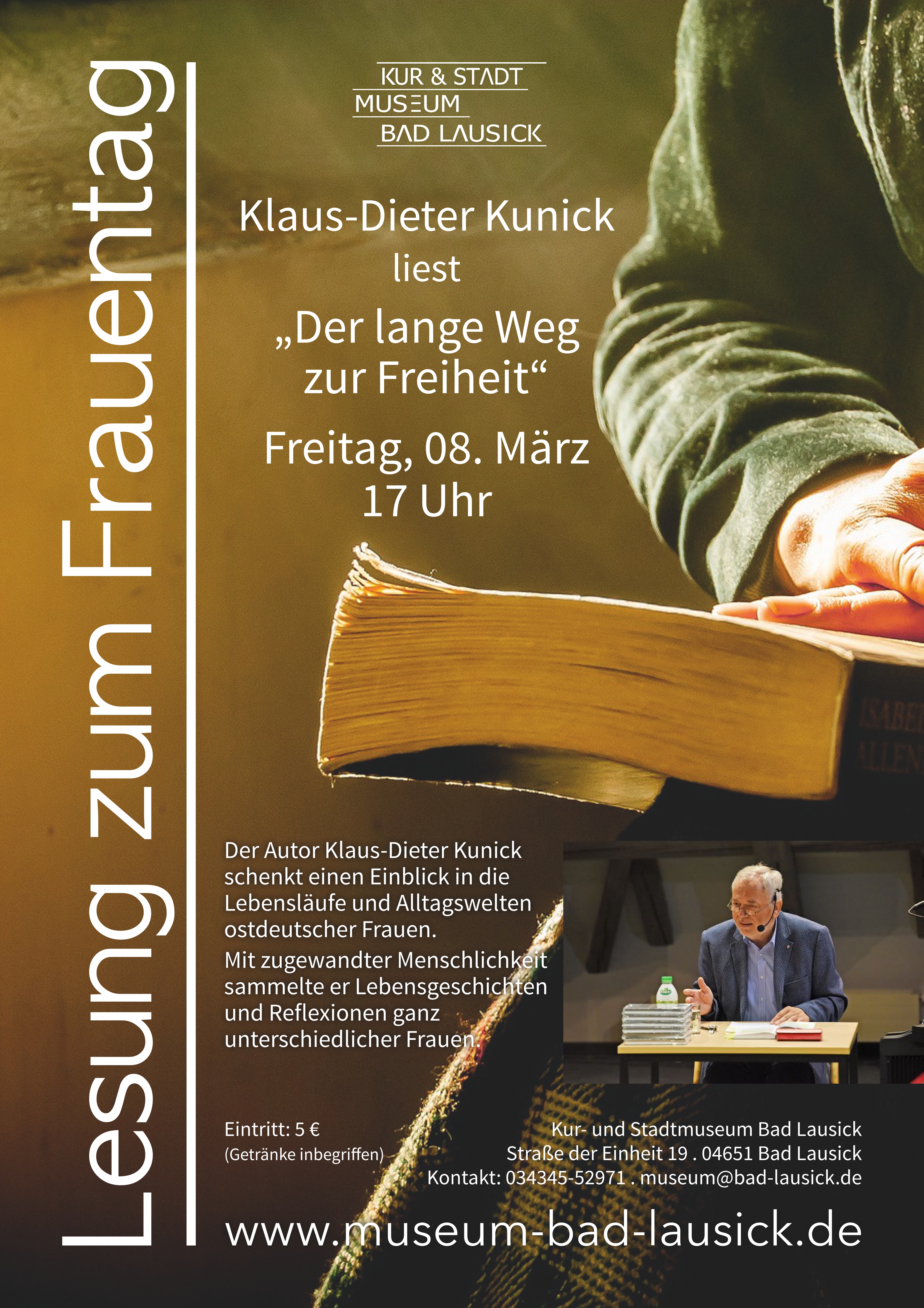 Plakatmotiv ist die Nahaufnahme einer Person, deren Hände auf einem Buch liegen, darunter befindet sich ein kleines Foto des Autors Klaus-Dieter Kunick. Daneben sind Veranstaltungstitel, -zeit und -ort, der Eintrittspreis und ein kurzer Text aufgeführt.