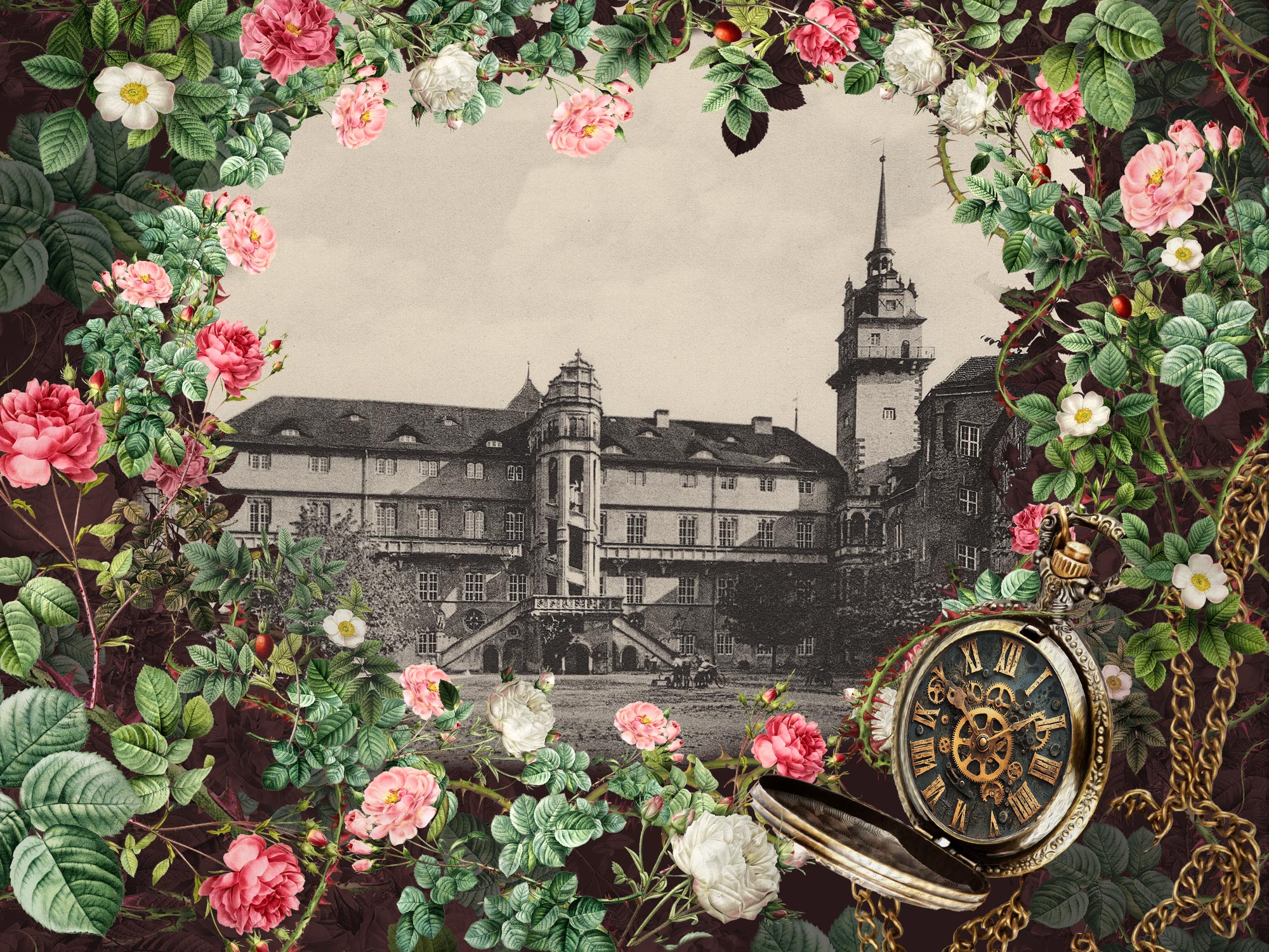 Historisches Gebäude in Sepia, umrahmt von Rosenranken, mit goldener Taschenuhr vorn