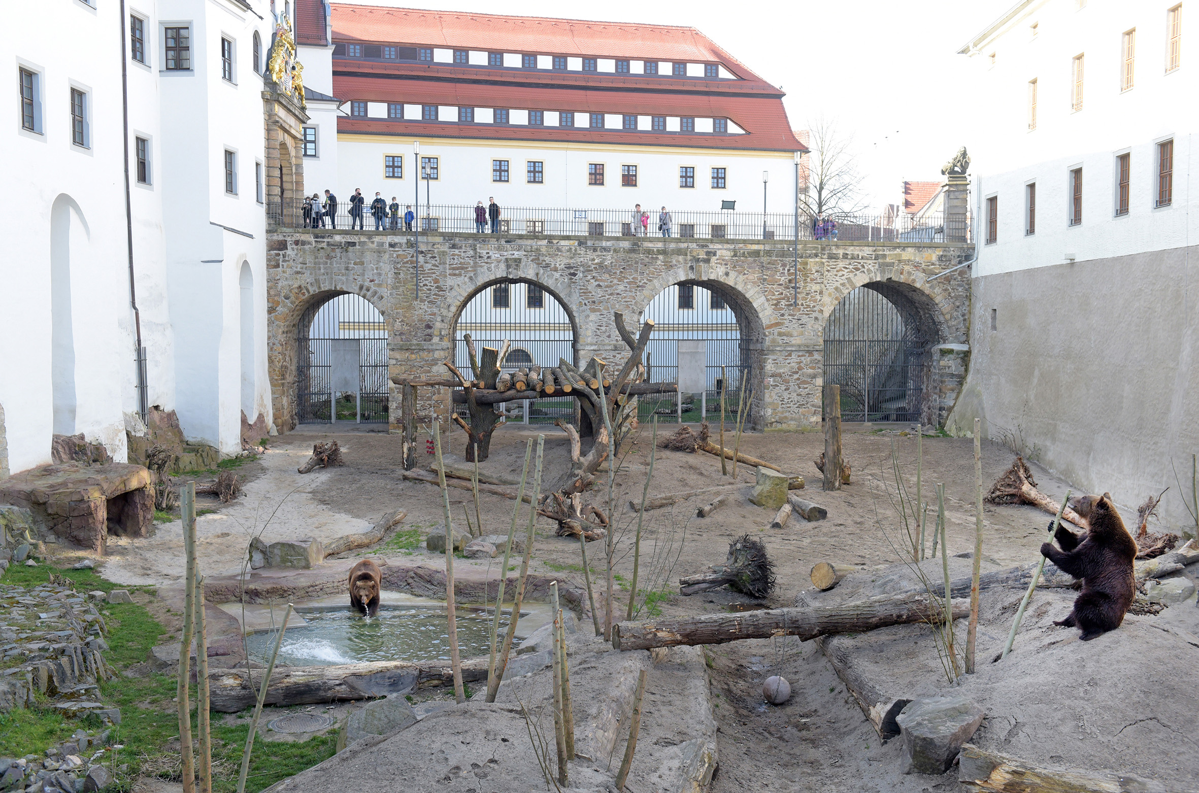 Im Graben eines weiß getünchten Schlosses befindet sich eine Bärenanlage mit Baumstämmen und zwei Braunbären. Auf einer steinernen Brücke, die über den Graben führt, stehen mehrere Menschen.