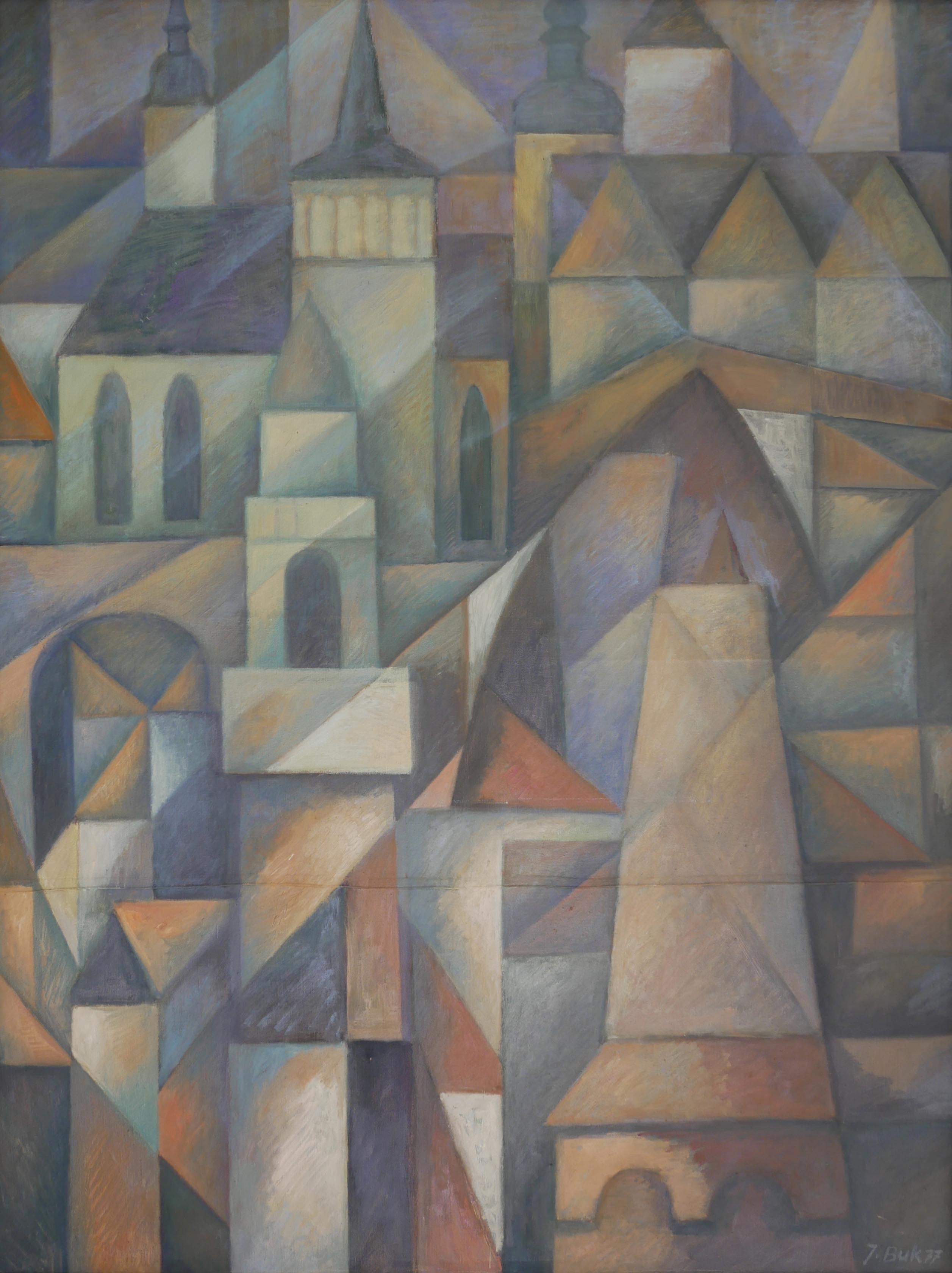 Kubistisch anmutendes Gemälde einer Vielzahl von geometrisch angeordneten und mit klaren Konturen gemalten Bauwerken