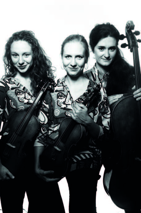 Das Foto zeigt das polnische Tansman Trio: Drei Frauen mittleren Alters stehen nebeneinander und halten jeweils ihr Streichinstrument locker in der Hand.