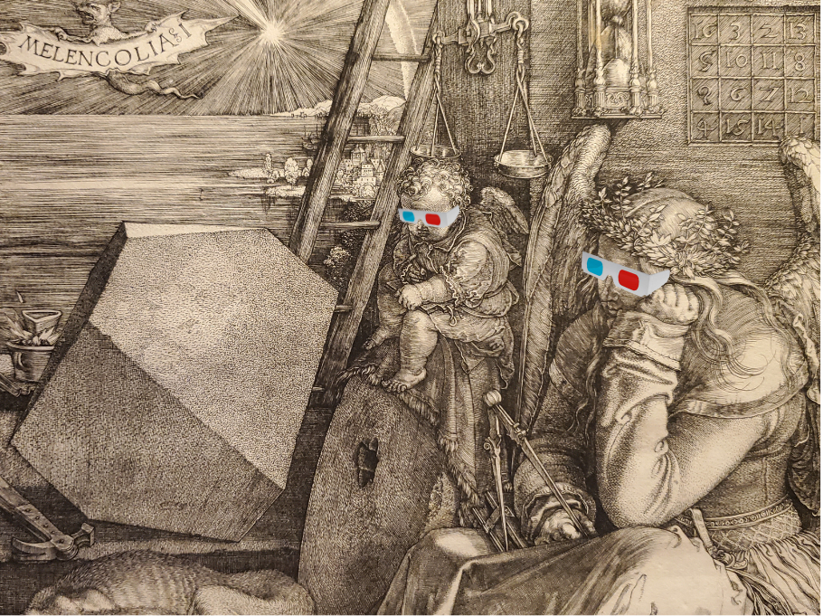 Collage einer historischen Druckgrafik mit der Inschrift "Melencolia", auf der zwei sinnierenden Engelsfiguren 3D-Brillen aufgesetzt wurden