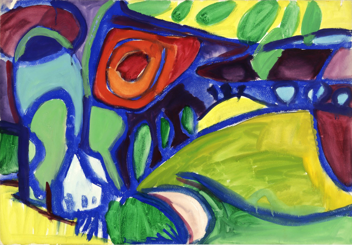Expressionistisch anmutende Landschaftsmalerei in starken Geld-, Rot- und Blau-Tönen