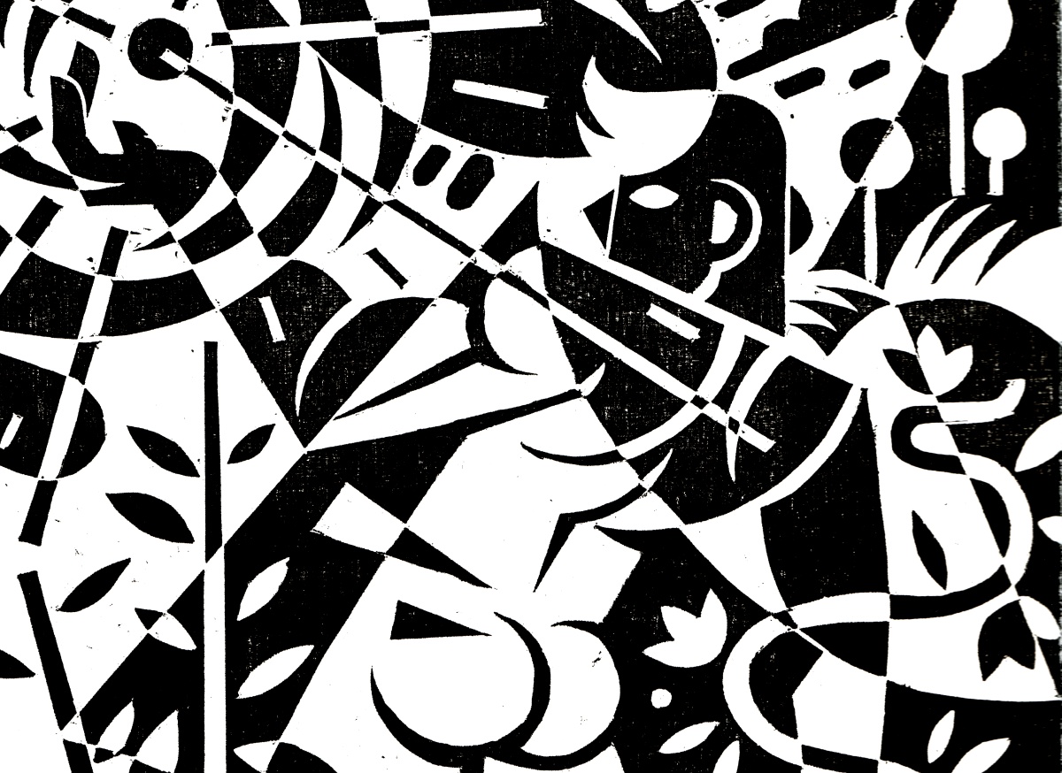 Nichtgegenständliche, aus schwarzen und weißen Flächen unterschiedlicher Formen bestehende Grafik. Von links oben scheint eine Sonne den Bildausschnitt zu bestrahlen, im unteren Bereich ist eine Form erkennbar, die einen nackten Po erahnen lässt.
