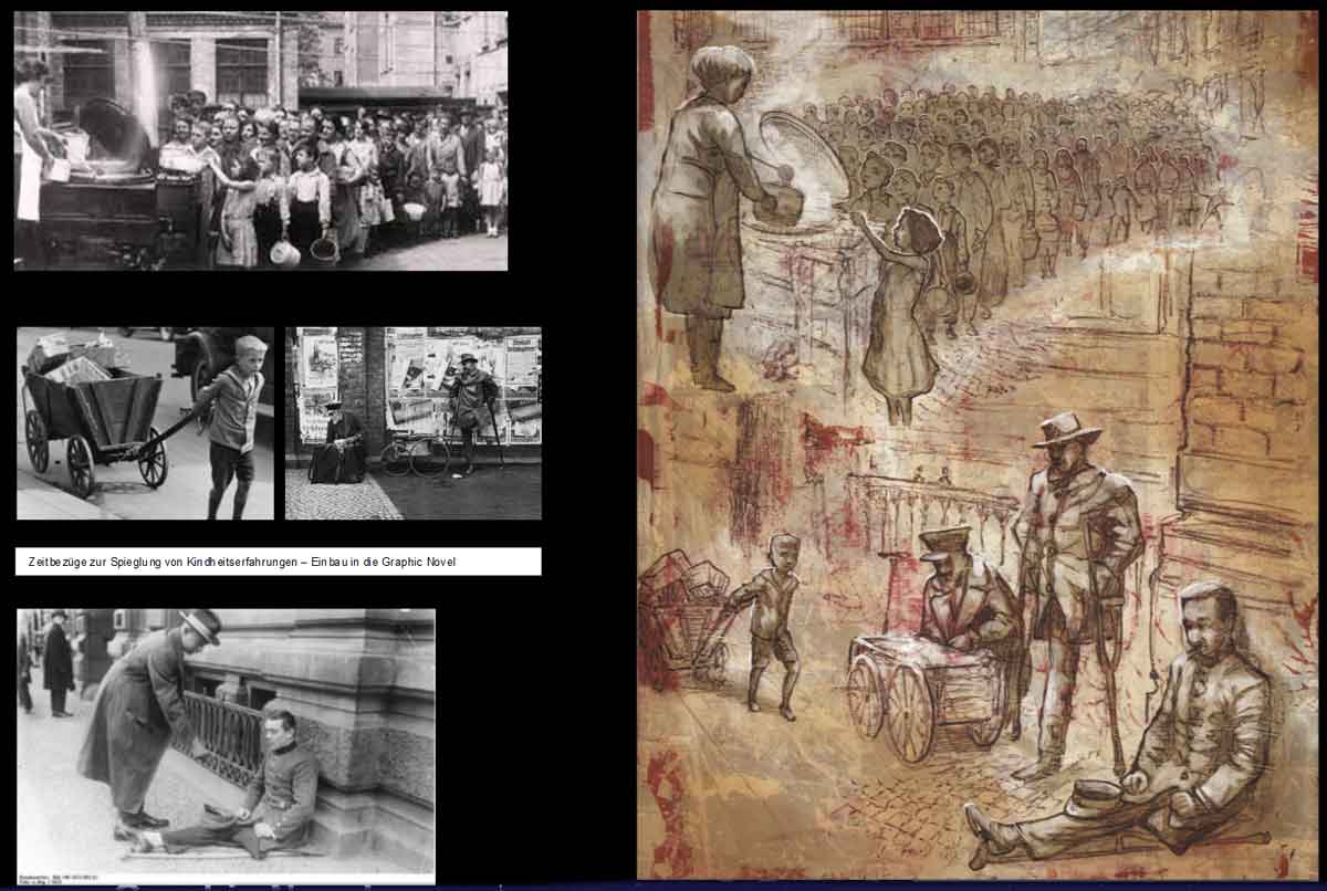 Collage, in der historischen Schwarzweißfotos aus der Zeit des Zweiten Weltkriegs eine die Fotomotive aufgreifende Zeichnung gegenübergestellt ist