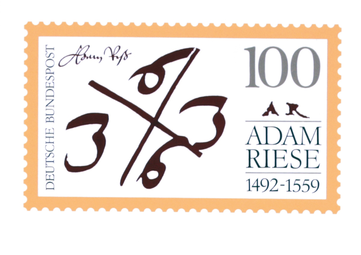 Das Motiv ist eine Tuschezeichnung eines mathematischen Konstrukts, daneben steht "Adam Riese, 1492 bis 1559" sowie "Deutsche Bundespost" und der Briefmarkenwert "100" (für 100 Pfenning beziehungsweise 1 D-Mark).