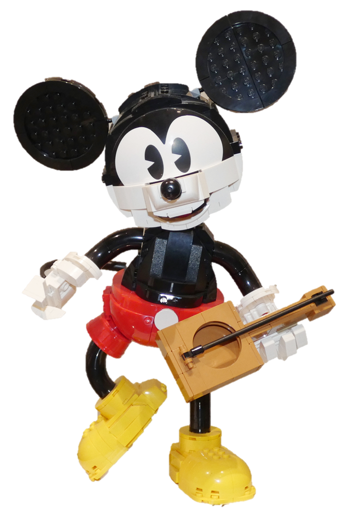 Aus Klemmbausteinen zusammengesetzte Figur einer Gitarre spielenden Micky Maus