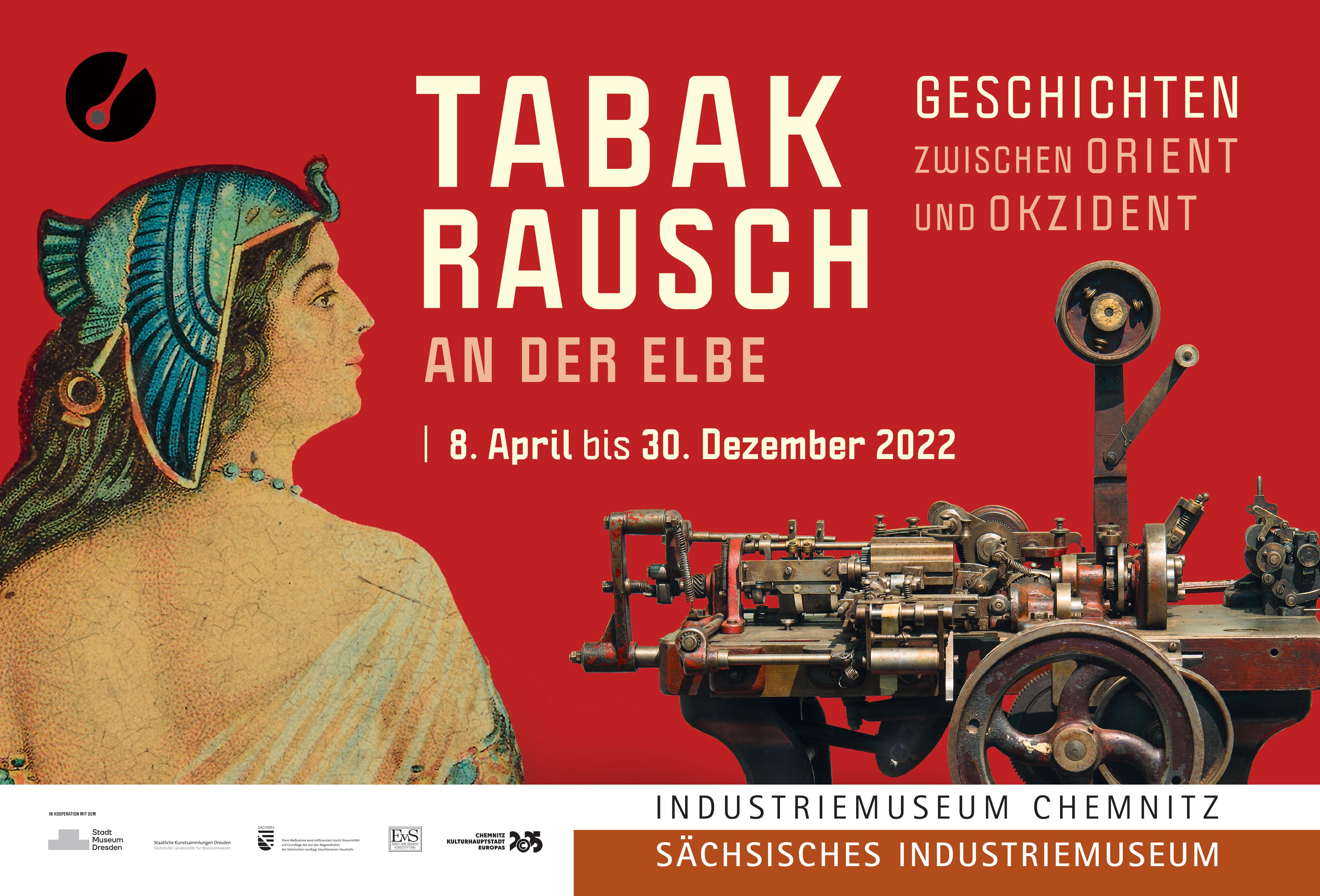 Das Plakat zur Sonderausstellung „Tabakrausch an der Elbe“ zeigt eine Frau und eine Maschine zur Herstellung von Zigaretten.