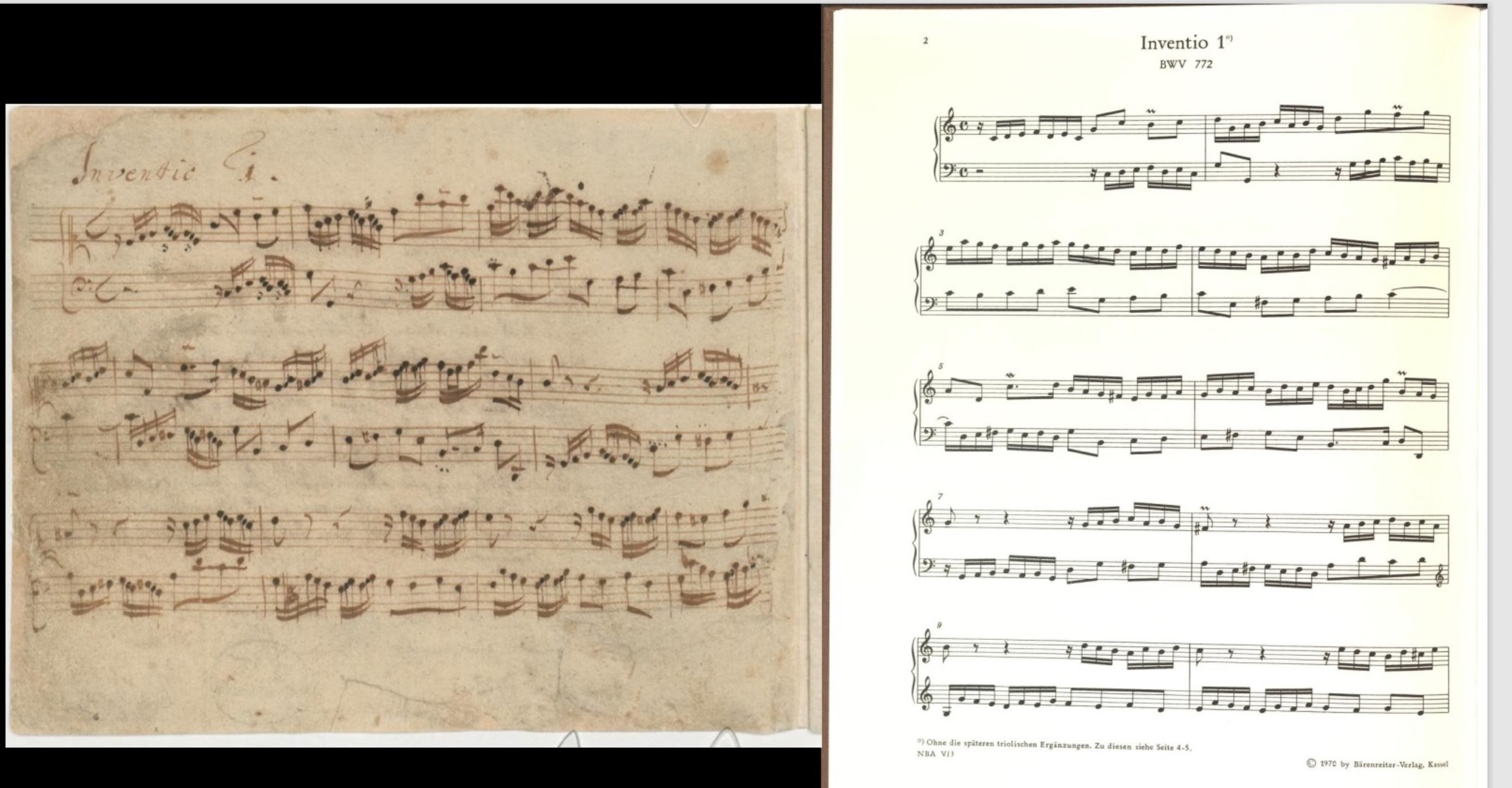 Das Foto zeigt eine Gegenüberstellung von Johann Sebastian Bachs Invention Nr. 1 in C-Dur im handschriftlichen Original und im Druck.