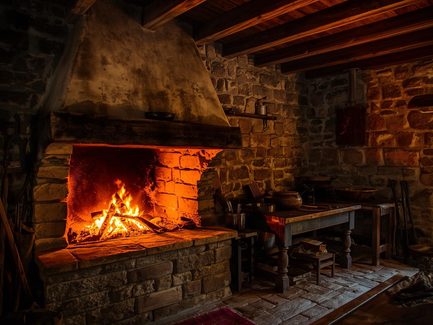 Einblick in einen dunklen kargen Küchenraum mit Feuer im Kamin