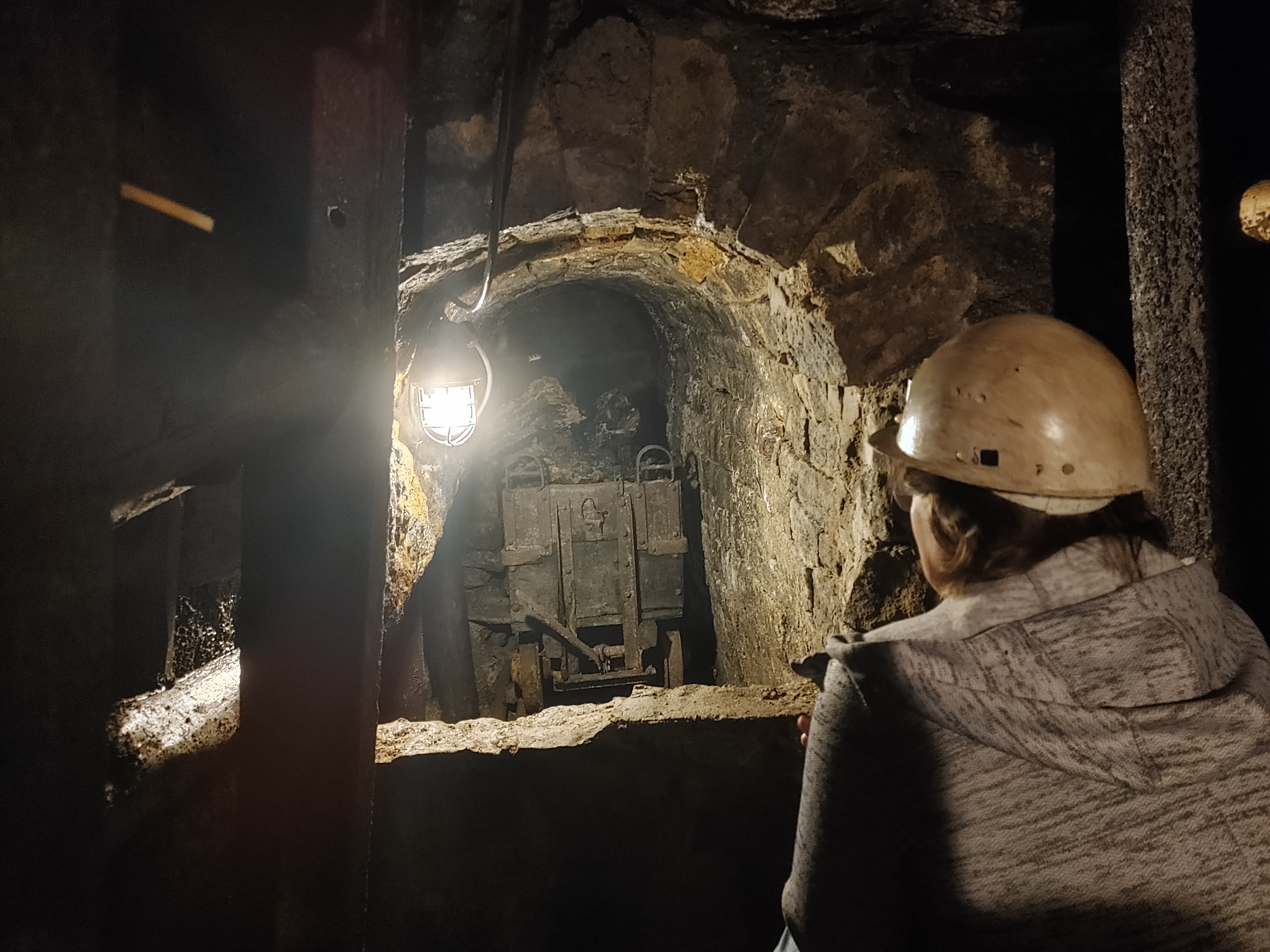 Das Foto zeigt eine Person von hinten, welche in den beleuchteten Gang eines Bergwerks schaut, in dem sich eine Lore mit Steinkohle befindet.